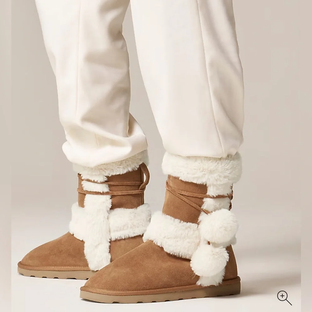 J. Crew NIB Faux-Fur Lined Cozy Brown‎ Booties in Suede with Pom-Pom